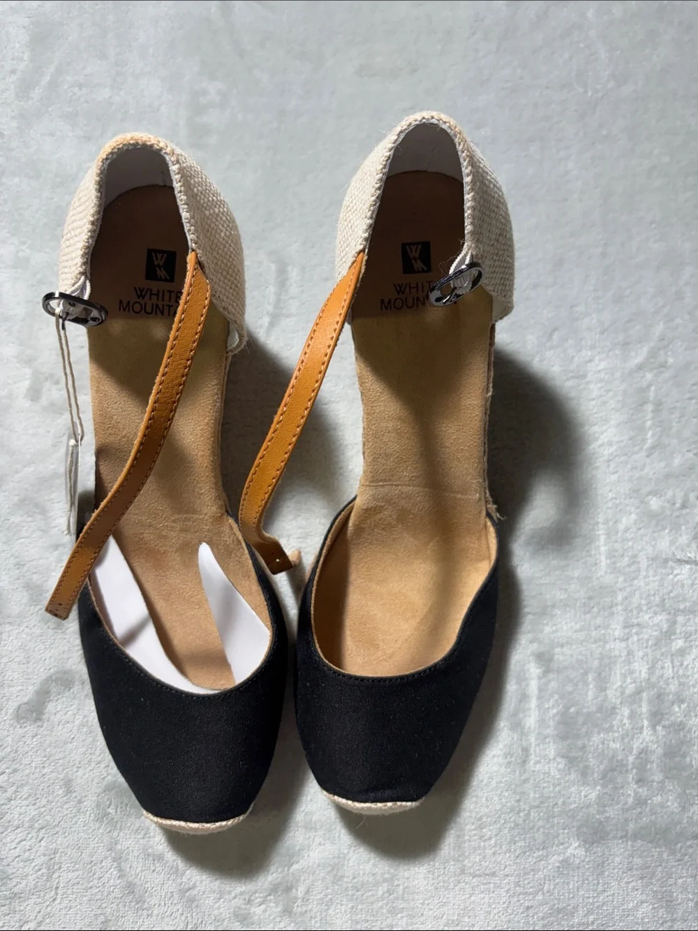 White Mountain Black and Tan Espadrille Wedge Sandals